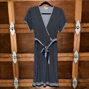 Max Studio Blue and White V-Neck Flutter Sleeve Wrap Dress